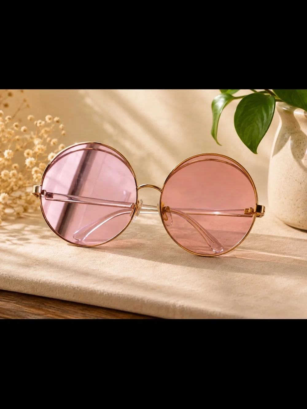 Round Pink Lens Gold Frame Sunglasses - Women Accessories